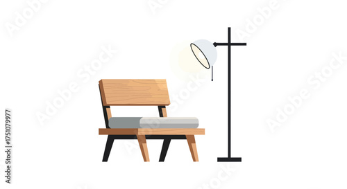 Modern Wooden Lounge Chair with Cushion and Black Floor Lamp.