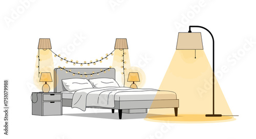 Cozy Bedroom Interior Illustration with Warm Ambient Lighting.