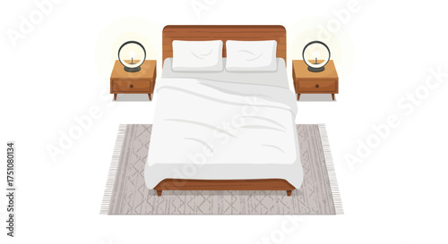 Top view of a modern bedroom with wooden bed white bedding nightstands and lamps.