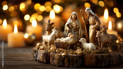 A beautiful and traditional Christmas Nativity scene, featuring Mary, Joseph, baby Jesus, and animals, warmly illuminated by flickering candlelight and soft golden bokeh, symbolizing the sacred spirit