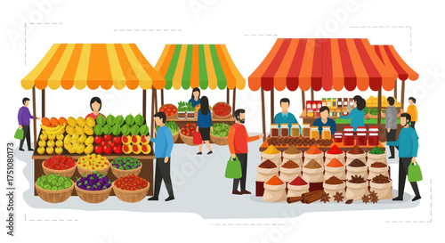 Vibrant Market Stalls with People Shopping for Fresh Produce and Spices.