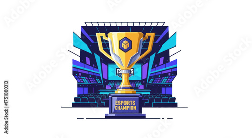 Golden Esports Trophy with Stage Backdrop.