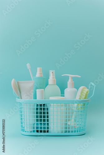 A mini shopping basket displays various skincare products against a light blue background. The items include cleansers, moisturizers, and tools for daily skincare routines