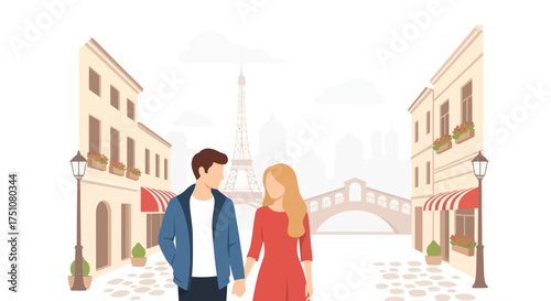 Romantic Couple Holding Hands Walking on a Charming Street Illustration.