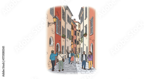 Watercolor Illustration of a Narrow European Street with Buildings and People.