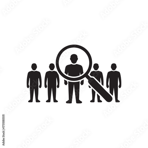 Recruitment and candidate selection concept with magnifying glass highlighting individual in group