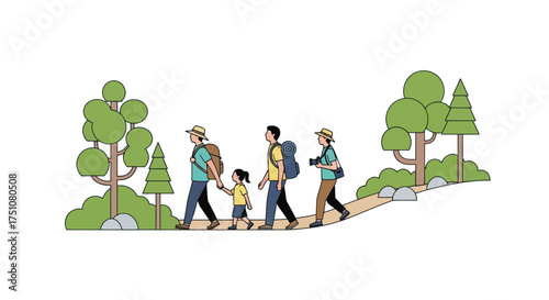 A family of four with backpacks hiking together on a scenic forest trail illustration.