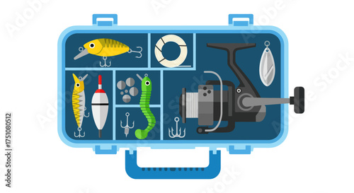 Open Blue Fishing Tackle Box with Assorted Gear and Lures.