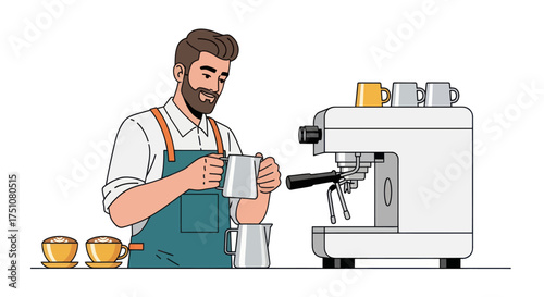 Bearded Barista Crafting Coffee with Espresso Machine and Cups.