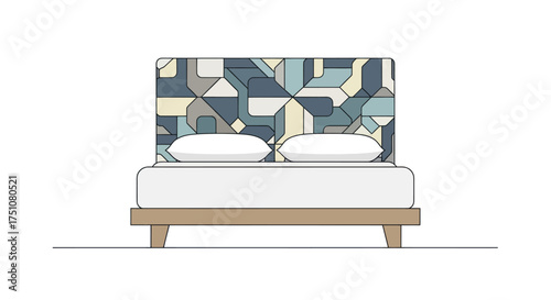 Modern Bed with Geometric Headboard and Pillows.