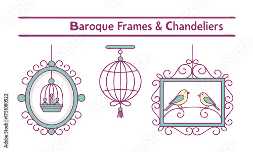 Baroque Ornate Frames & Crystal Chandeliers Vector Set, Frame graphics elements, easily editable.