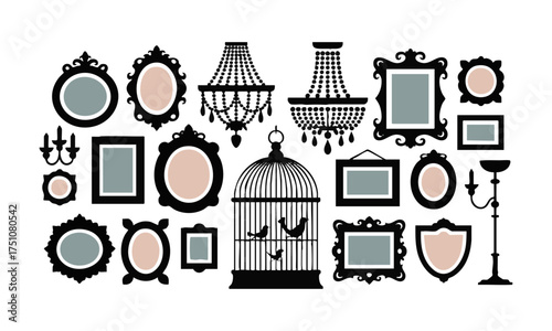 Elegant Decorative Frames Collection with Two Chandeliers – Minimal Vector, Frame graphics elements, easily editable.