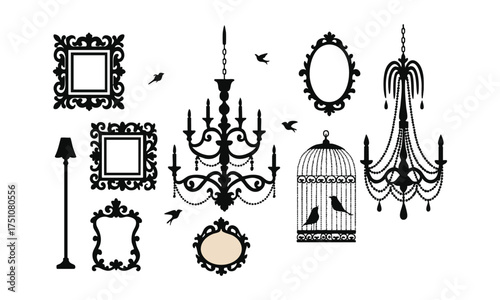  Vintage Gallery Wall with Frames, Chandeliers and Birdcage – Flat Silhouette, frame graphics elements, easily editable. 