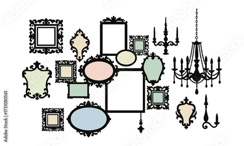 Rococo Frame Ornaments and Hanging Chandeliers with Birds – Clean, Frame graphics elements, easily editable.