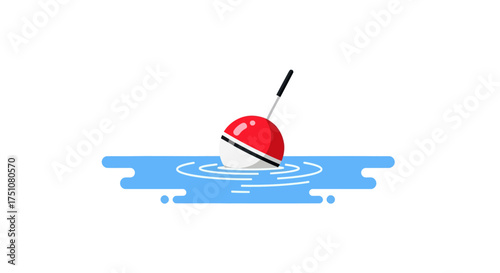 Red and White Fishing Bobber Floating in Blue Water with Ripples.