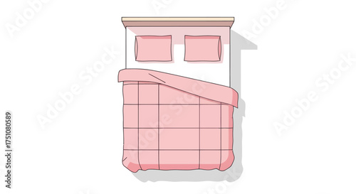 Top-down view of a neatly made pink duvet bed with two pillows.