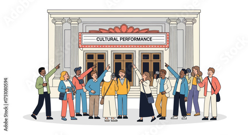 Diverse group of people gathered in front of a grand theater for a cultural performance.
