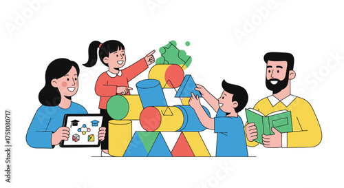 Family building a colorful block tower together learning and playing.