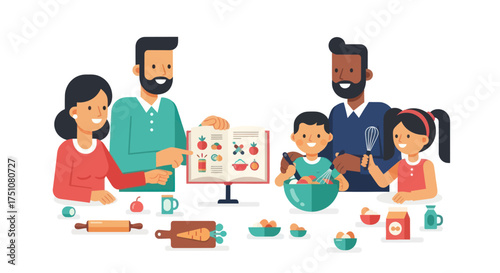 Family Cooking Together Reading Recipe Preparing Food Smiling.