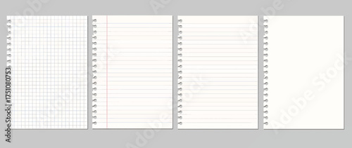 Set of vector realistic illustrations of a torn sheet of paper from a workbook with shadow, isolated