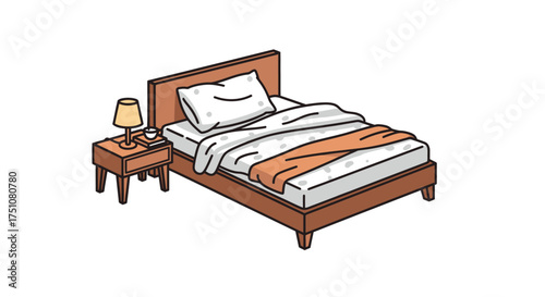 Cozy Bedroom Scene with Wooden Bed and Nightstand.