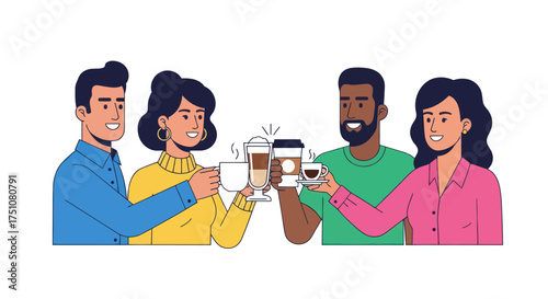 Group of Friends Toasting with Coffee and Tea Drinks Celebrating Together.