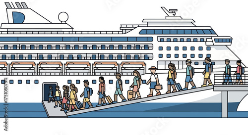 Diverse group of people boarding a large cruise ship via a ramp.