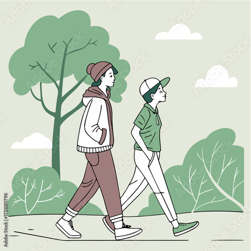 People Walking Outdoors Illustration – Friends Strolling in Nature Vector Design
