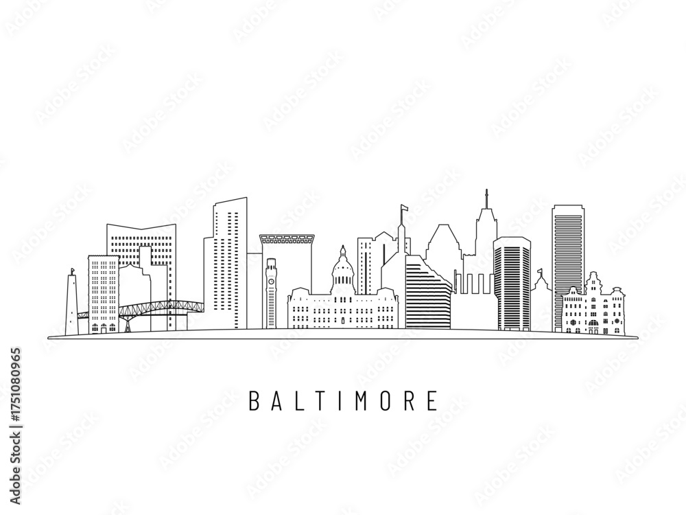 Fototapeta premium Detailed Baltimore skyline vector illustration. Baltimore buildings in line art style, perfect for modern designs.