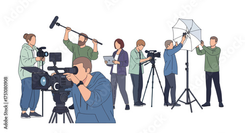 Film Production Crew Working with Cameras Lighting and Sound Equipment.