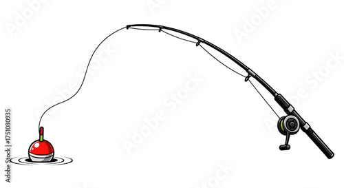 Illustration of a bent fishing rod with a spinning reel line and a red bobber floating on water.