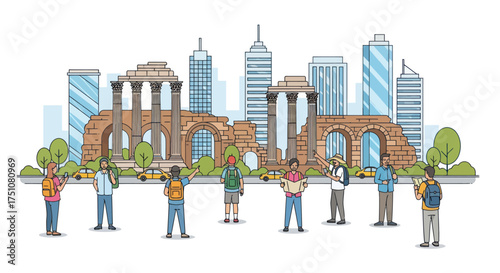 Ancient Ruins and Modern Cityscape with Tourists.