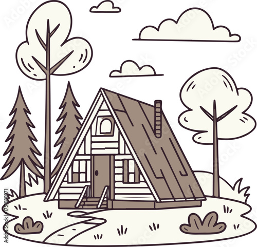 A-Frame Cabin in Forest Illustration – Cozy Woodland House Vector Art