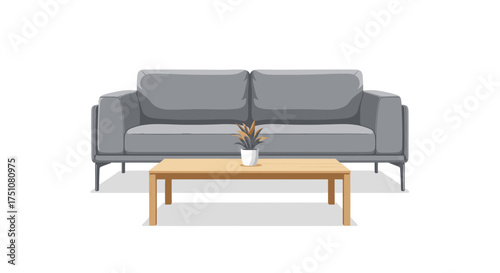 Modern Gray Sofa with Wooden Coffee Table and Potted Plant.