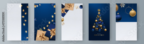 Elegant holiday stories template featuring golden ornaments and blue accents, capturing festive spirit. 
