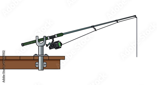 Fishing rod holder clamped to a wooden surface with reel attached.