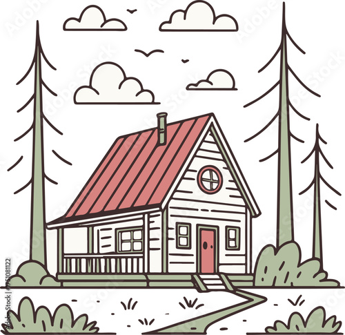 Cozy Cabin in the Forest Illustration – Rustic Wooden House Vector Art
