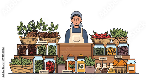 Smiling vendor at a vibrant farmers market stall selling fresh produce and natural goods.