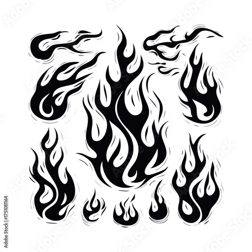 Collection of Abstract Dark Fire Brush Stroke Elements