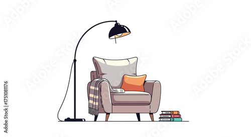 Cozy armchair with reading lamp and stacked books for relaxation.