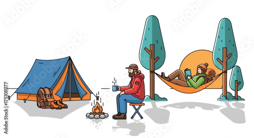 Cartoon illustration of people enjoying a relaxing camping trip with tent campfire and hammock.