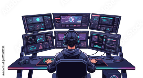 Gamer immersed in a multi-monitor setup wearing headphones and actively playing.