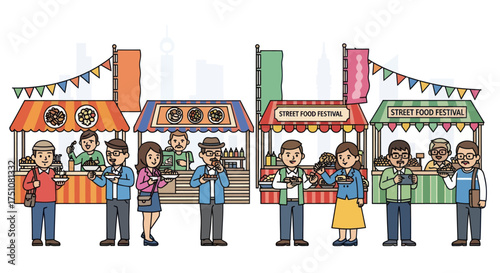 Street Food Festival Illustration with Vendors and Customers Enjoying Meals.