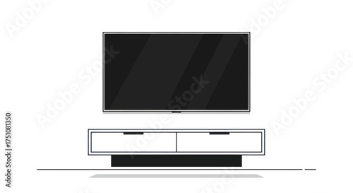 Modern Wall-Mounted Television Above White Cabinet with Drawers.