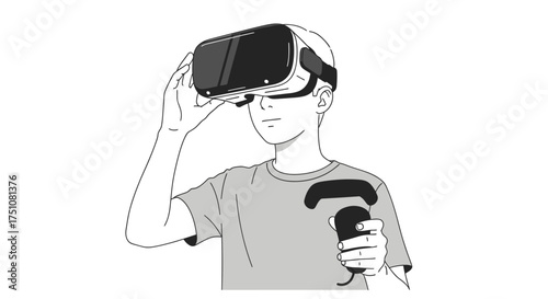 Young person experiencing virtual reality with VR headset and handheld controllers.