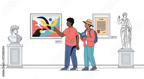 Diverse visitors admiring colorful abstract art in a modern museum gallery.