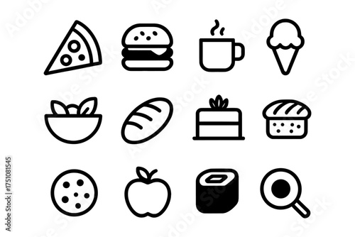 Minimalist food icons set: pizza, burger, coffee, ice cream, and more