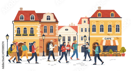 People Walking on a City Street with Colorful Buildings and Cafe.