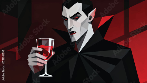 Illustration Of Dracula Holding A Glass Filled With Red Blood, Elegant Horror Atmosphere Vector Design Template