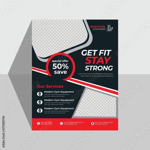 Gym flyer design. Fitness workout promotional leaflet, brochure cover, ads, banner template design